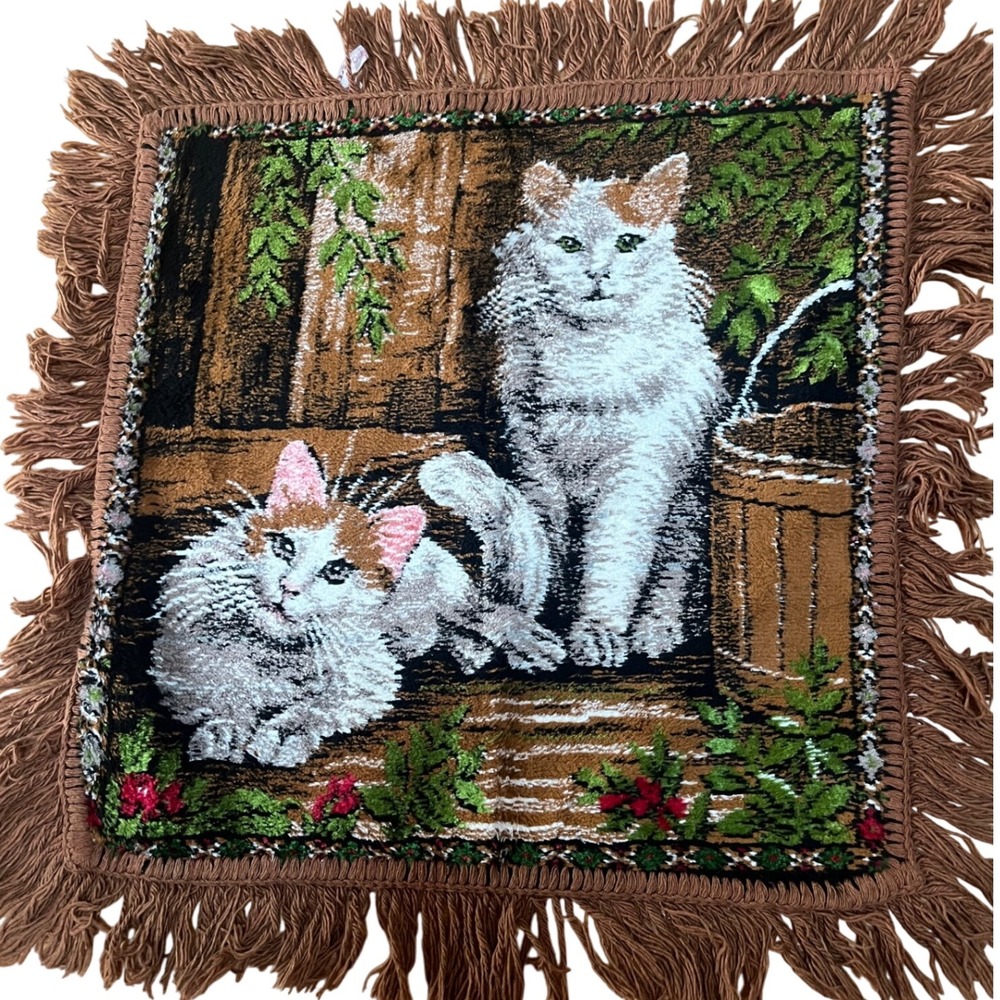 Vintage Cat Tapestry Fringed Pillow Cover Wall Hanging 60s‎